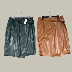 Kate Kasin Faux Leather Wrap Skirt Women XL Lot of 2 Green Knot Front Pencil